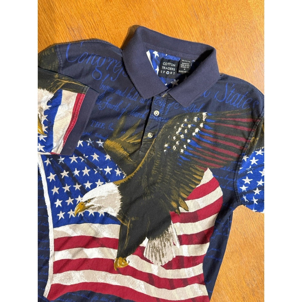 Cotton Traders Eagle Flag Polo Shirt Mens M‎ Patriotic All Over Graphic